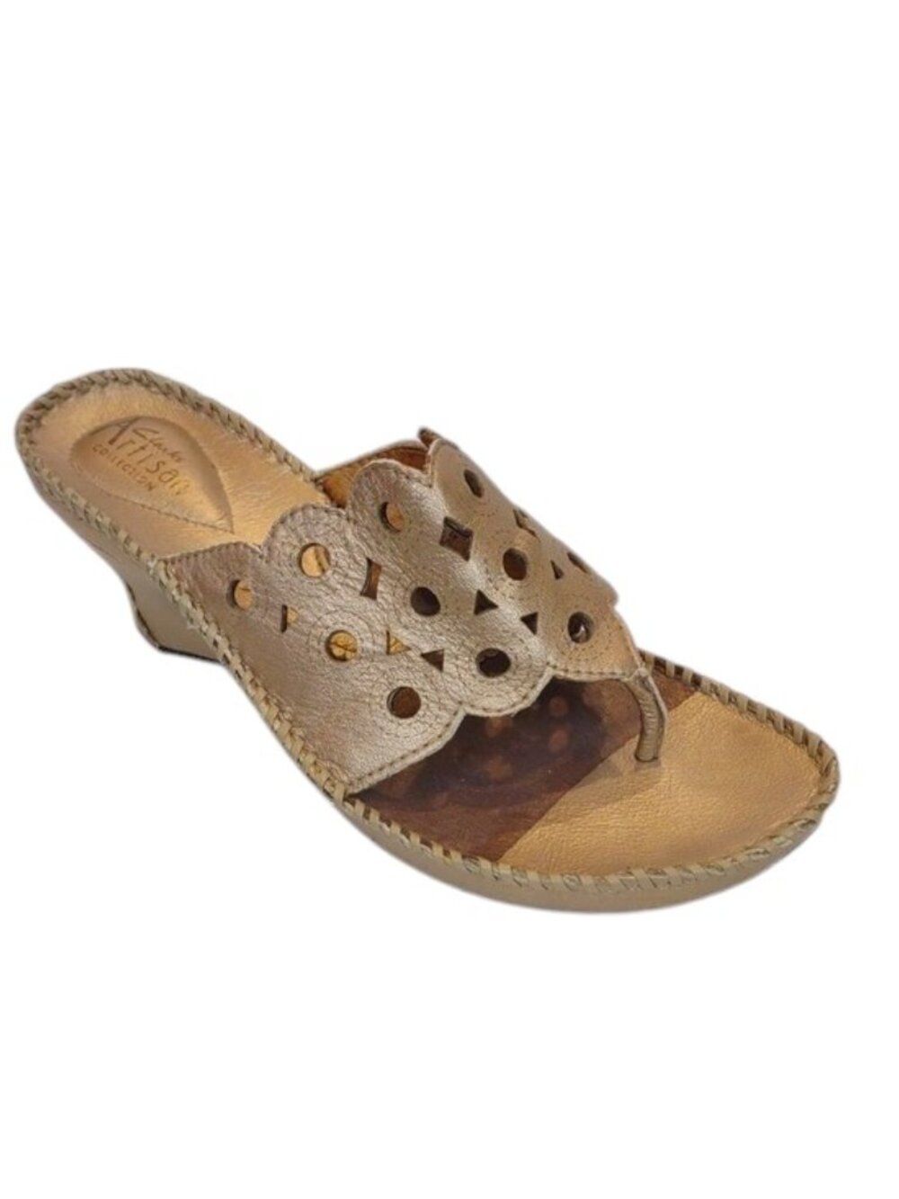 Clarks Women's Artisan Gold Metallic Leather Wedge Sandal Laser Cut Vamp